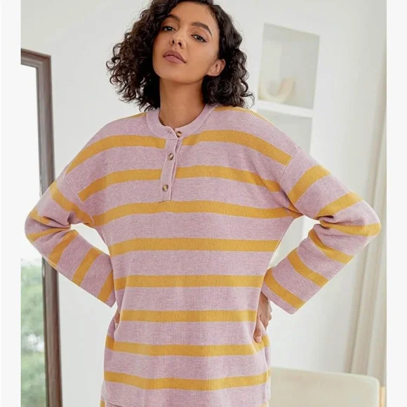 Striped Knit Lounge Shorts in Pink and Mustard - Picture 2 of 6